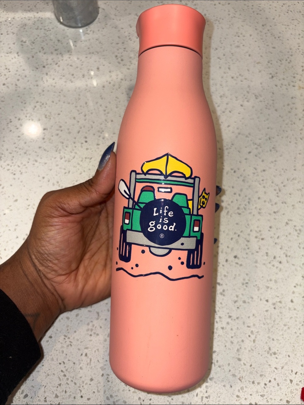 Life Is Good Coral Pink Stainless Steel Bottle with Beach Jeep Graphic